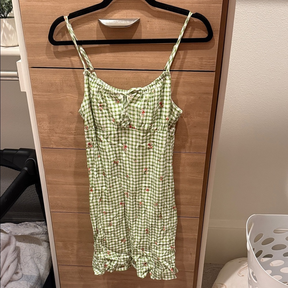 Elegant Green Gingham Mini Dress with Floral Details(Ships from OR)